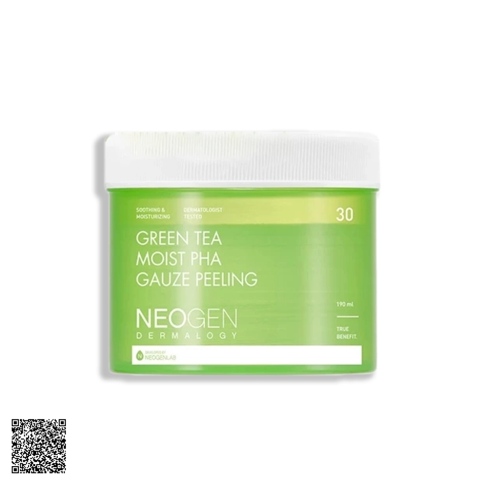 Toner Pad Neogen Dermalogy Green Tea Moist PHA Gauze Peeling Tẩy Tế Bào Chết Trà Xanh Làm Dịu và Phục Hồi Da Dầu Mụn 30 Miếng từ Hàn Quốc